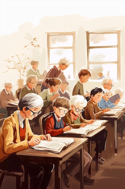Digital art of all ages students attending school classes