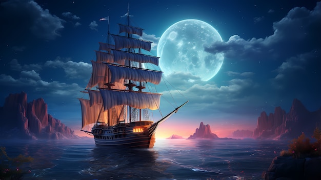 デジタル アートの月と船