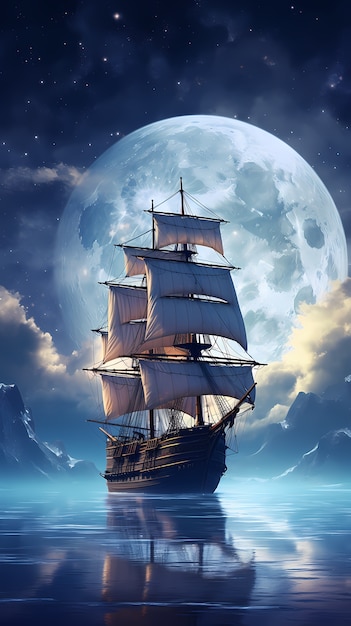 Луна и лодка цифрового искусства