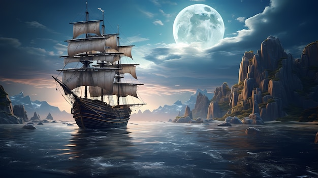 Free photo digital art moon and boat