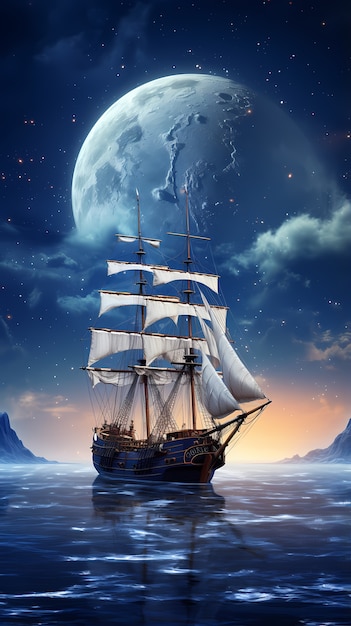 デジタル アートの月と船