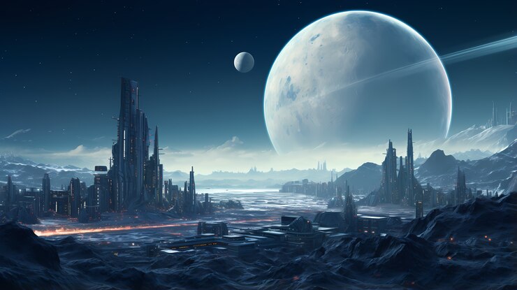 Free Photo digital art moon and buildings wallpaper