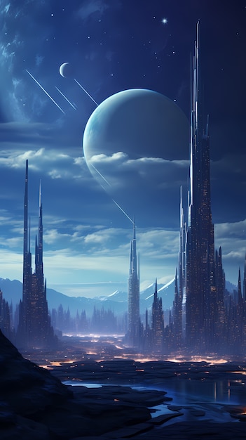 Digital art moon and buildings wallpaper