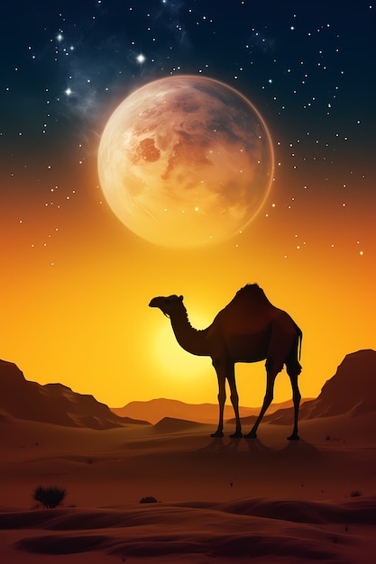 Free photo digital art moon and camel wallpaper