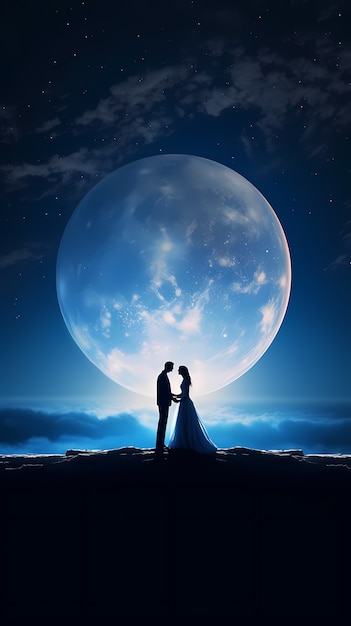 Free photo digital art moon and couple silhouette wallpaper