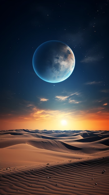 Free photo digital art moon and desert wallpaper