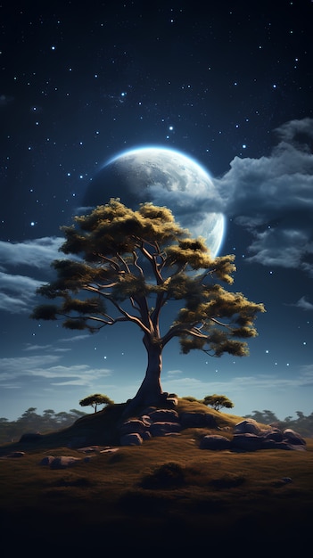 Foto gratuita carta da parati con luna e albero di arte digitale