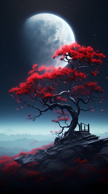 Digital art moon and tree wallpaper