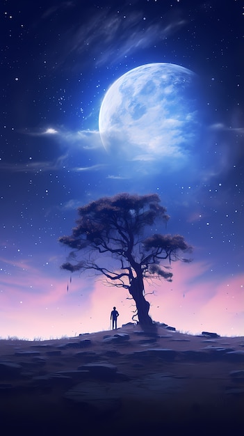 Foto gratuita carta da parati con luna e albero di arte digitale