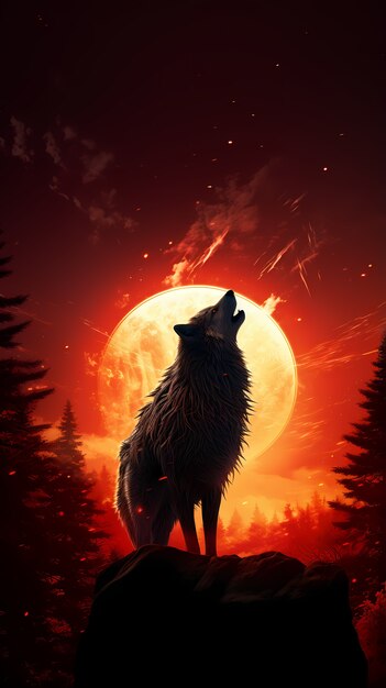 Digital art moon and wolf wallpaper