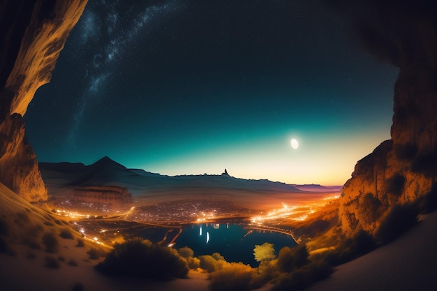 Foto gratuita un'arte digitale di un paesaggio montano con un cielo blu e la luna sopra di esso.