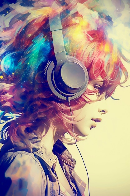 Digital art portrait of person listening to music on headphones