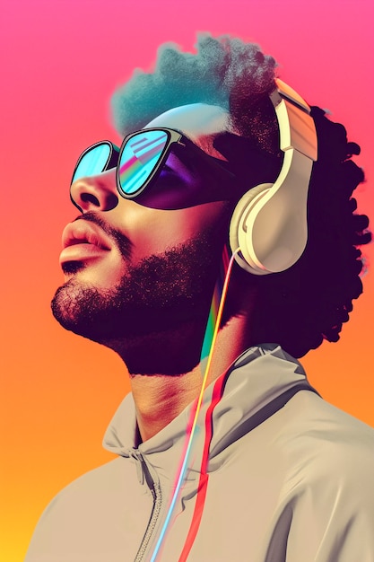 Digital art portrait of person listening to music on headphones