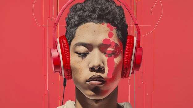 ヘッドフォンで音楽を聴いている人のデジタルアートの肖像画
