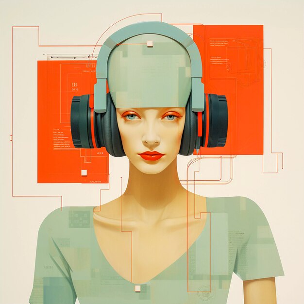 ヘッドフォンで音楽を聴いている人のデジタルアートの肖像画