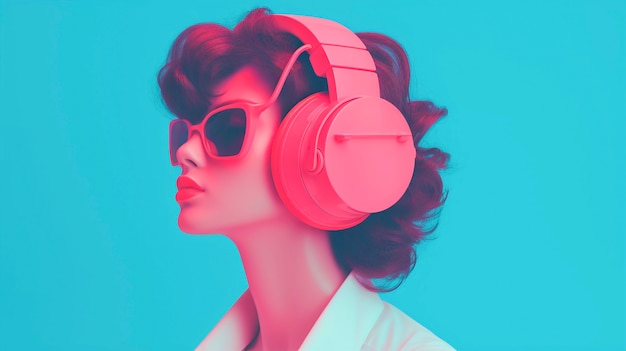 헤드폰으로 음악을 듣는 사람의 디지털 아트 초상화