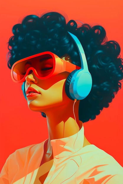 ヘッドフォンで音楽を聴いている人のデジタルアートの肖像画