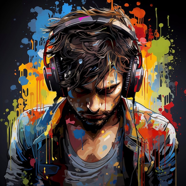 Digital art portrait of person listening to music on headphones