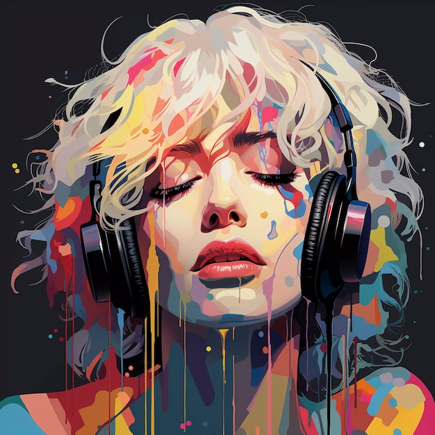 Digital art portrait of person listening to music on headphones