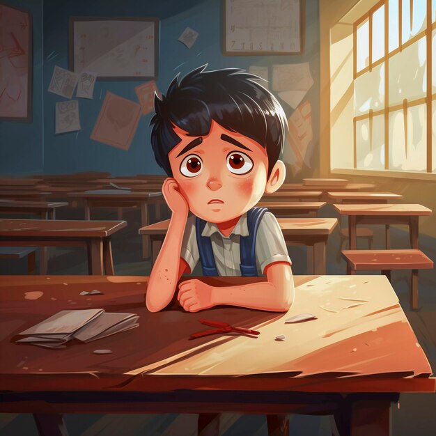 Digital art of sad student attending school