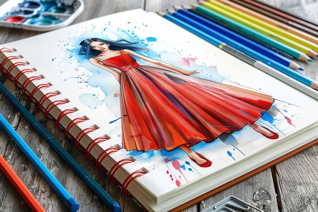 Digital art style fashion design sketch on paper