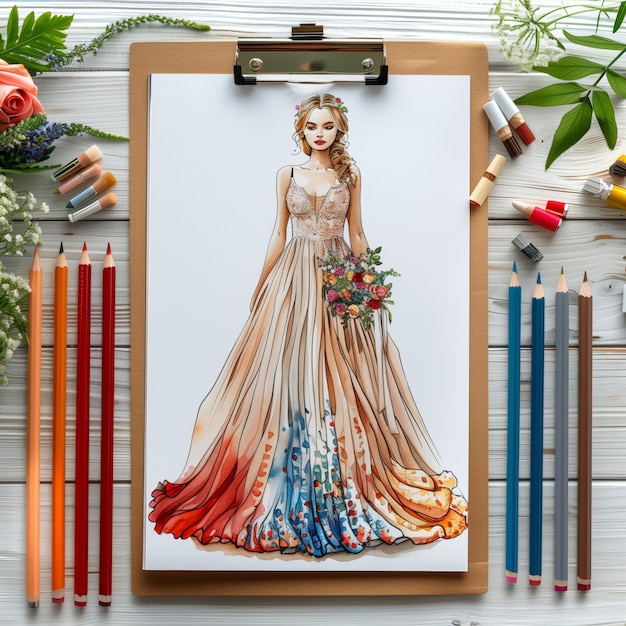 Foto gratuita sketch di design di moda in stile arte digitale su carta