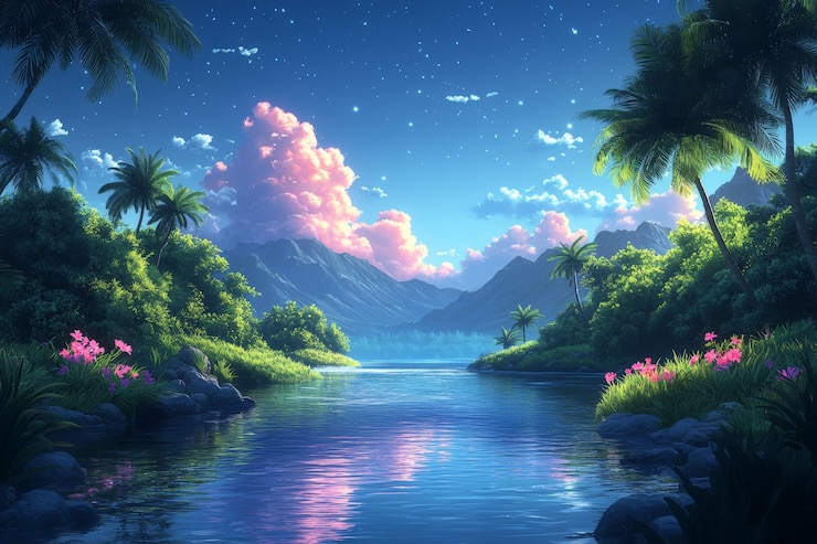 無料Photo デジタルアートスタイルの川と自然風景