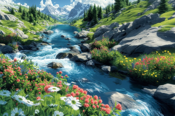無料Photo デジタルアートスタイルの川と自然風景
