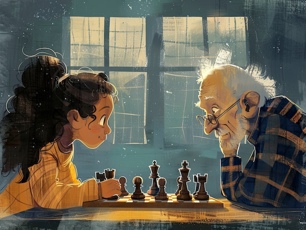 Digital art style scene with people playing chess