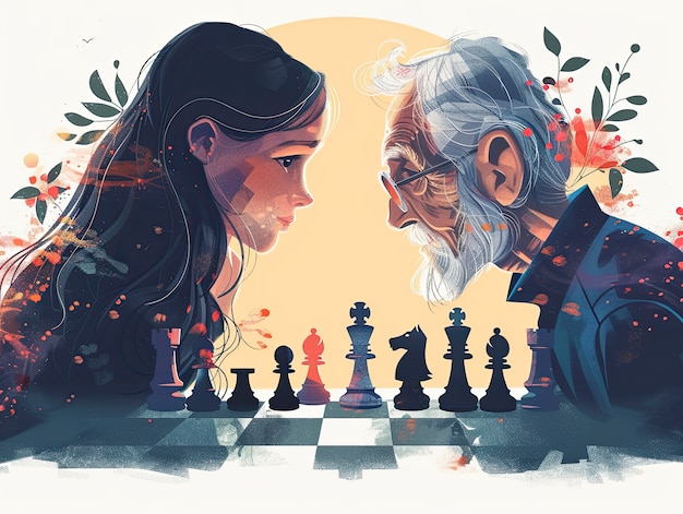 Digital art style scene with people playing chess