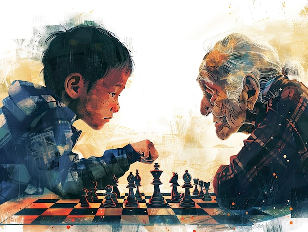 Digital art style scene with people playing chess