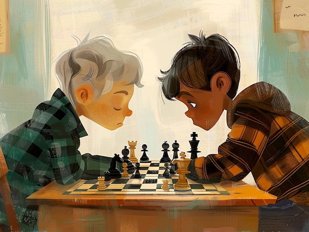 Digital art style scene with people playing chess