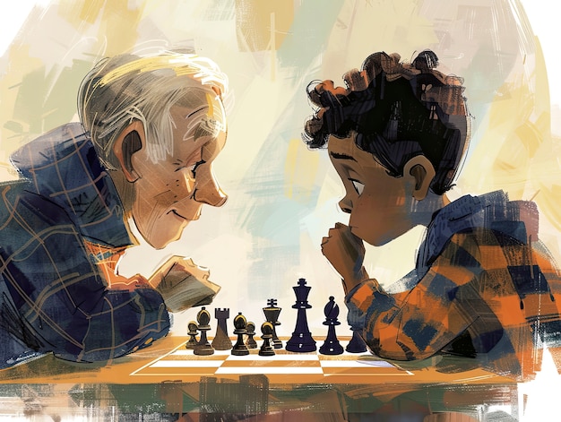 Digital art style scene with people playing chess