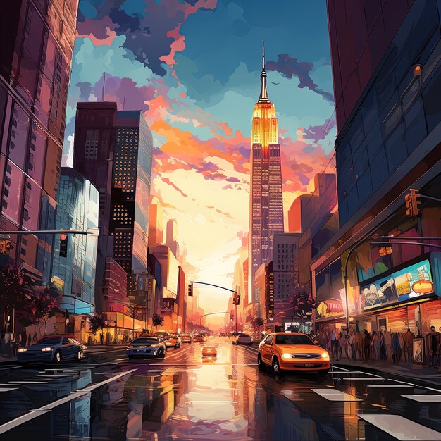 Digital art with city architecture and scenery