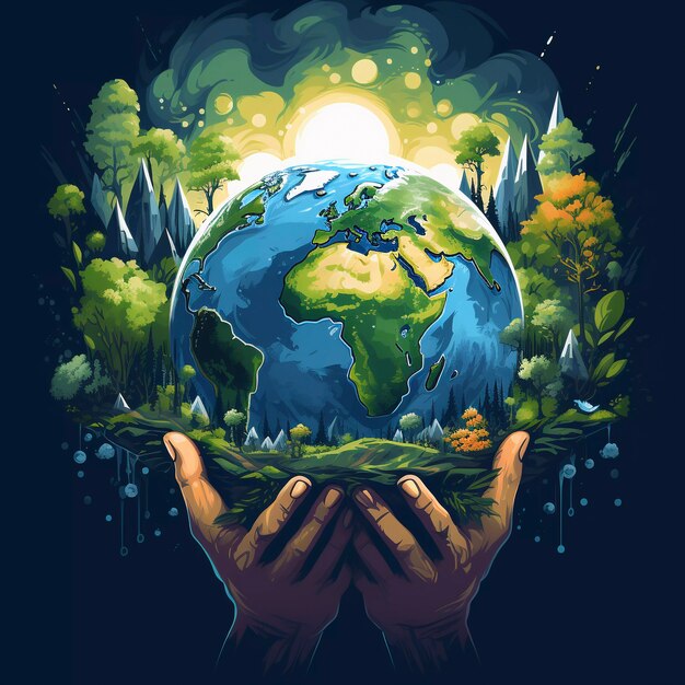 Digital art with hands holding planet