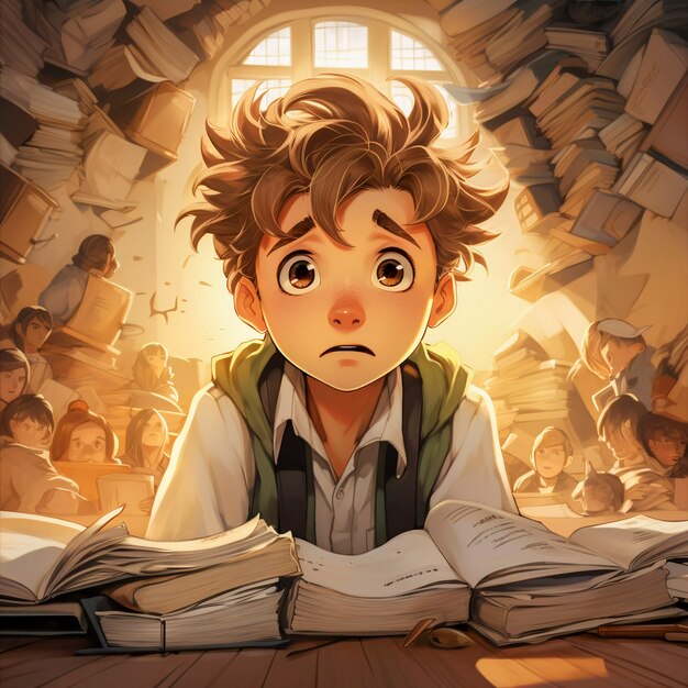 Digital art of young student in school