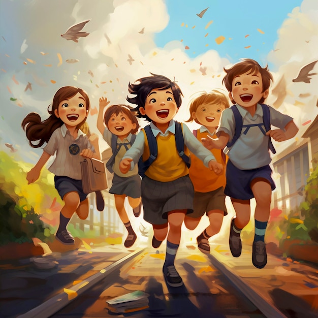 Digital art of young students attending school education