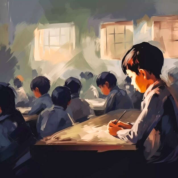 Digital art of young students attending school education