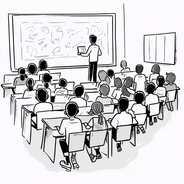 Digital art of young students attending school education