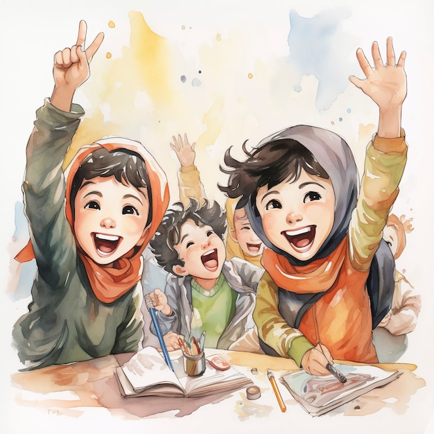 Digital art of young students attending school education