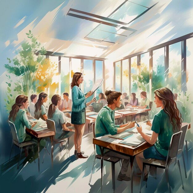 digital art of young students attending school education