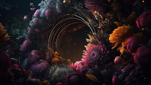 Opera d'arte digitale con motivi vorticosi e fiori generativi ai