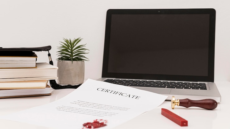 Free Photo digital devices and graduation diploma certificate