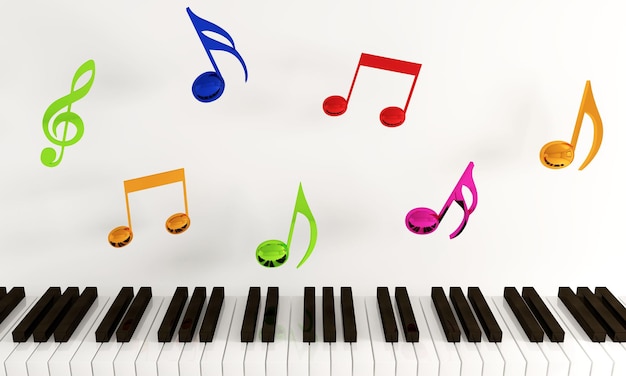 Цифровая иллюстрация красочных музыкальных нот над фортепианной клавиатурой на белом фоне