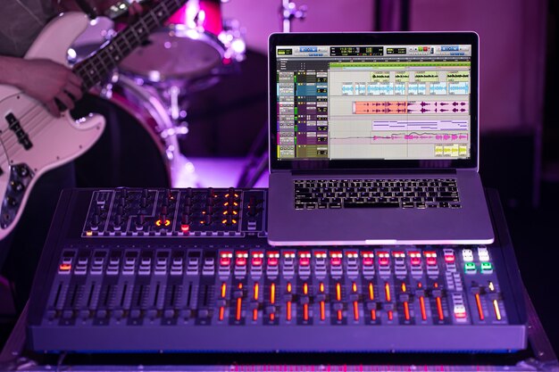 Digital mixer in a recording Studio , with a computer for recording music.