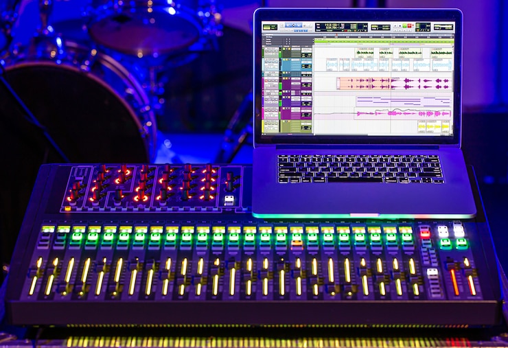 無料Photo サウンドと音楽を録音するためのコンピューターを備えたレコーディングスタジオのデジタルミキサー。創造性とショービジネスの概念。