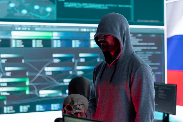 Free Photo digital outlaw hacker in a dark hood issuing cyber threats with a human skull