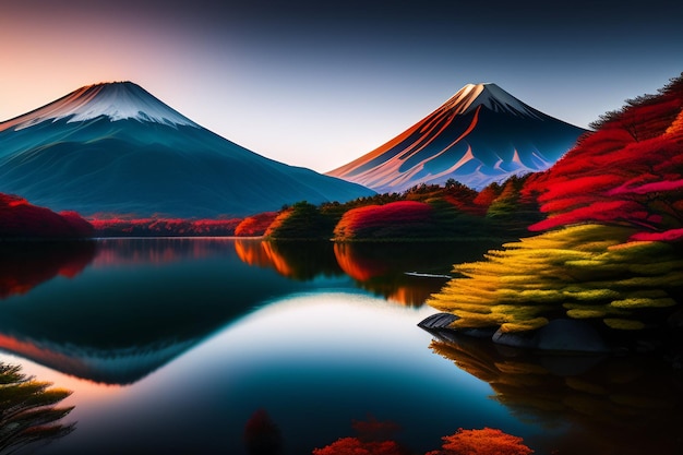 A digital painting of a mountain with a colorful tree in the foreground