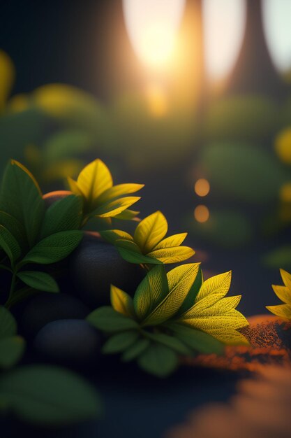 A digital painting of a plant with leaves and the sun shining on it.