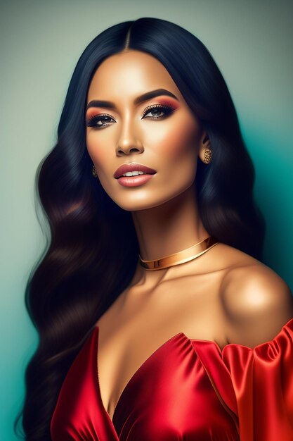 Digital painting of a woman with long dark hair and a gold necklace.